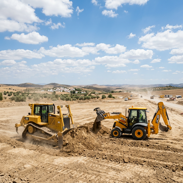 Retroexcavadora y bulldozer en obra civil disponibles para alquiler con o sin maquinista
